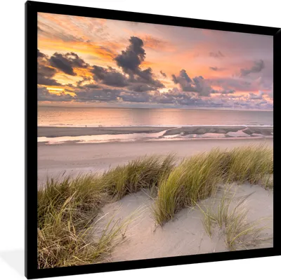 Produktbild von MuchoWow® Gerahmtes Poster Sonnenuntergang - Düne - Strand - Pflanzen - Meer 40x40 cm - Poster mit Schwarzem Bilderrahmen Wandposter Rahmen Foto Bilder - Mit Rahmen - Wanddekoration Schlafzimmer