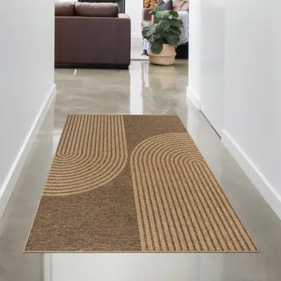 Image de Tapis d'intérieur et d'extérieur à motifs géométriques en arc marron beige Taille - 80 x 150 cm