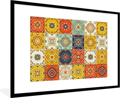 Produktbild von MuchoWow® Gerahmtes Poster Vintage - Blumen - Muster - Weiß - Orange 90x60 cm - Poster mit Schwarzem Bilderrahmen Wandposter Rahmen Foto Bilder - Wanddekoration - Fotos