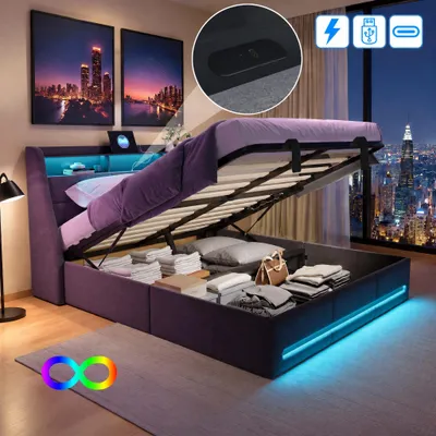 Productafbeelding van INONEFT gestoffeerd bed 140x200 met LED-verlichting, boxspringbed met hydraulische opbergruimte, jeugdbed met opbergruimte in het hoofdeinde, linnen, grijs