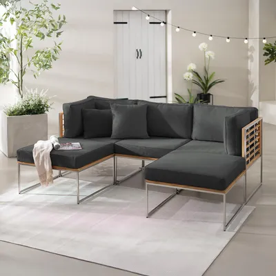 Produktbild von home24 Loungeset - 5-teilig - Webstoff / Teak Massiv