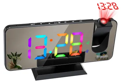Obrázok produktu pre Digitálny 180° projekčný budík so svetlom RGB, duálnym budíkom, funkciou odloženia, nabíjacím portom USB a zrkadlovým displejom, formát 12/24H