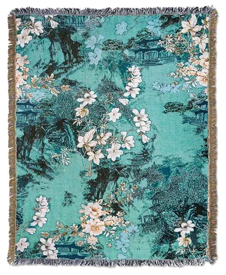 Imagen del producto de Elzusha - Manta de tejido de algodón con flecos, estampado de flores en jacquard, 160 x 130 cm