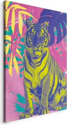 Produktbild von Vliesstoff Leinwandbild - Colorful Tiger - Intense Colors of a Tiger Surrounded by Tropical Plants 80x120 cm Tiere g-C-10186-b-a