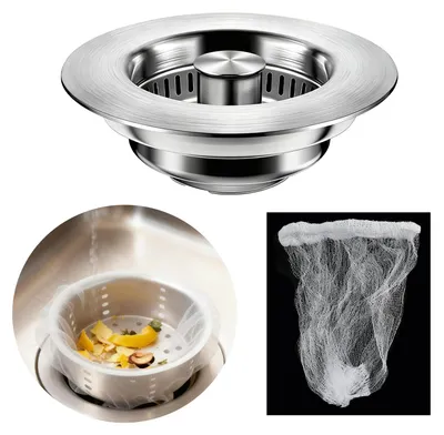 Produktbild von Küchenabflusssieb und Abflussstopfen, 3-in-1 Edelstahl-Pop-up-Abflussstopfen für Küchenspülen, Abflussstopfen für Spülbecken mit einem Durchmesser von 75-87 mm und einer Tiefe von >37 mm, inklusive 30 Siebbeutel für die Spüle.
