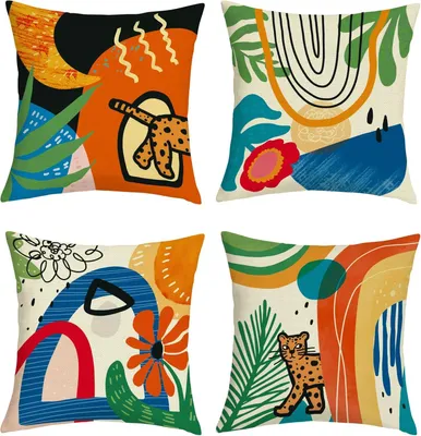 Productafbeelding van Kussensloop, 40 x 40 cm, 4 stuks, boho, bloemen, oranje, abstract