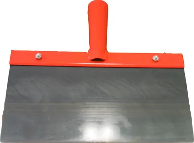 A tool with a red handle and a wide metal blade.
