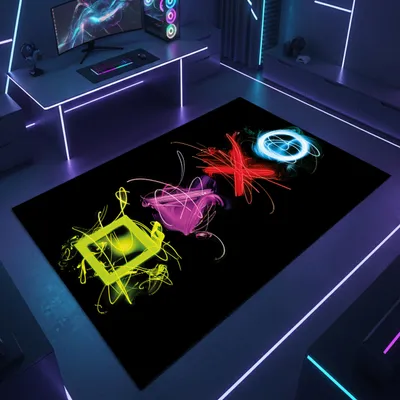 Produktbild von Gaming Teppich mit neonfarbigen Symbolen auf schwarzem Hintergrund Größe - 80 x 120 cm
