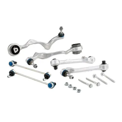 Various automotive suspension components arranged on a white background.