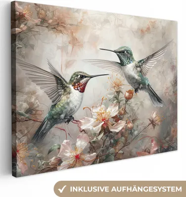 Produktbild von MuchoWow® - Leinwandbilder - Kolibri - Vögel - Blumen - Pflanzen, Wandbild, Wanddeko Bilder Wohnzimmer, 120x90cm
