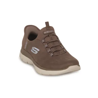 A brown Skechers slip-on sneaker is shown from a side-front angle on a white background.
