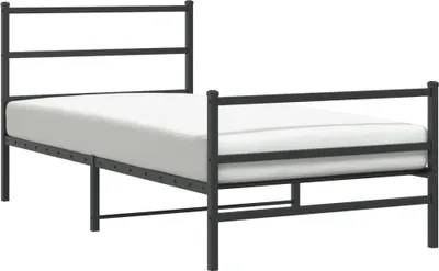 A black metal bed frame with a white mattress is shown against a white background.