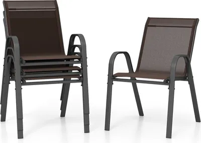 Produktbild von Costway 4er Gartenstuhl-Set, Braun, stapelbar, mit Armlehnen, ergonomische Rückenlehne, Stoff & robuster Metallrahmen, 150 kg Traglast, 56x70x84 cm