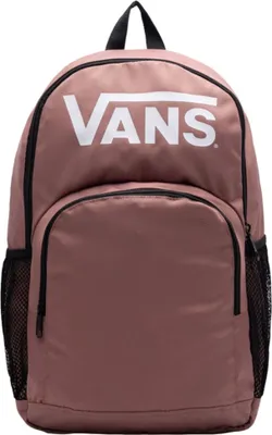 A pink Vans backpack with the Vans logo in white on the front.