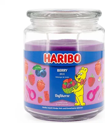 Produktbild von Haribo™ Duftkerze Berry Mix, 2 Dochte, HxD: 13 x 10 cm, 100h Brenndauer, Kerze im Glas, Himbeer, Erdbeer & Apfel, lila