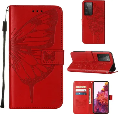 Produktbild von Galaxy S21 Ultra 5G Hülle, Schmetterling Prägung Flip Leder Kartenfächer Schutzhülle Ledertasche mit Ständer für Samsung Galaxy S21 Ultra 5G Rot