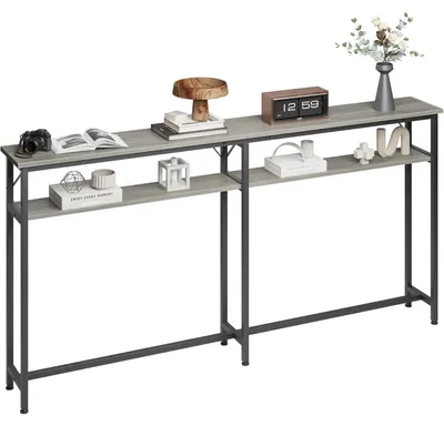 Image de Table console étroite - Table d'entrée et table d'appoint - Rangement à 2 niveaux - Extra longue - Structure en métal - Pour entrée et salon - Gris