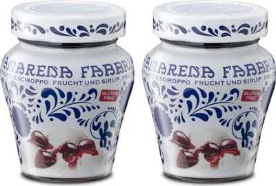 Produktbild von Food-United AMARENA FABBRI 1905 2x230g Amarenakirschen aus Italien halb-kandiert in Sirup - ohne Aroma- Farb- & Konservierungsmittel & Koscher-Halal, geeignet für Amare-Kirschen-Becher-Eis oder für Amarena--Cocktails-Desserts, GVO-Frei Glutenfrei & 1