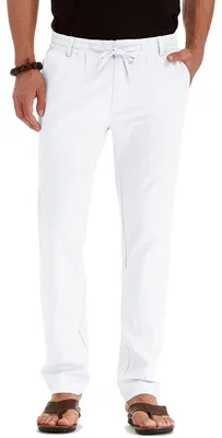 Produktbild von Herren Leinenhose – Lässige Sommerhose – Elastischer Bund mit Kordelzug – Lockerer Schnitt – Zwei Seitentaschen – Ideal für den Strand