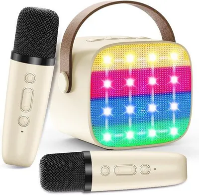 Immagine prodotto di Macchina per karaoke per bambini con 2 microfoni wireless - altoparlante Bluetooth portatile, effetto voce, luci LED, giocattolo musicale per bambine e bambini