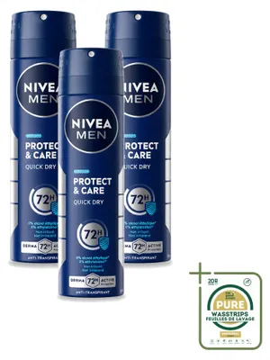 Immagine prodotto di 3 confezioni di deodorante spray NIVEA MEN Protect & Care, 150 ml ciascuna, confezione risparmio, 3 pezzi