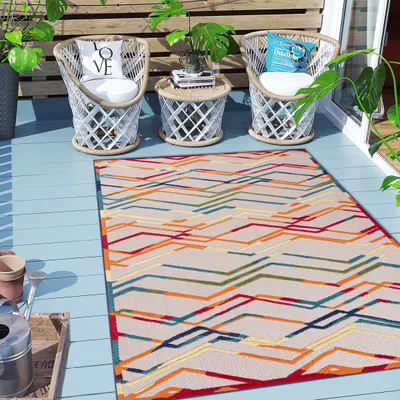 Produktbild von Carpeto Rugs Geometrisch In- & Outdoor Teppich Wetterfest für Balkon, Terasse - Balkon Teppich Wasserfest - Outdoorteppich Wetterfest - Aussenteppich Terrasse Groß - Mehrfarbig Bunt 2 - 140 x 200 cm