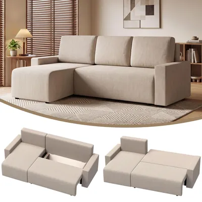 Productafbeelding van Hoekbank met slaapfunctie en omkeerbare chaise longue, L-vormige 3-zitsbank met velours bekleding, beige