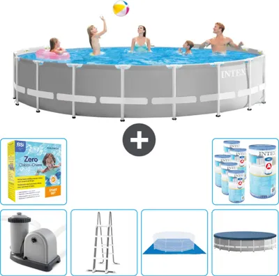 Produktbild von Intex Round Prism Frame Swimming Pool – 548 x 122 cm – Grau – inklusive Pumpe – Leiter – Bodenplane – Abdeckung Wartungspaket - Filter