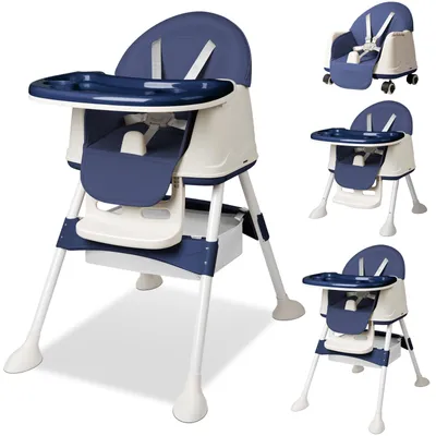 Produktbild von Hochstuhl Baby 2 in 1 mit Rollen, Höhenverstellbar Kinderhochstuhl, 3-Stufen Doppeltablett Essbrett Kombihochstuhl, Klappbar und Mitwachsend, Blau