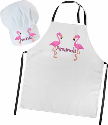 Produktbild von Personalisierte Kochmütze + Kochschürze Set 2tlg. Für Kinder, Jungen und Mädchen, Weiß, Schürze mit Ihrem Namen, Flamingos [099]