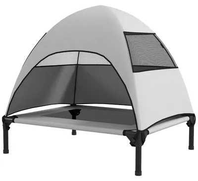 Image de Lit surélevé pour chien, transat pour chien avec toit, pour l'extérieur, hauteur du sol : 18 cm, respirant | Gris clair | Jusqu'à 20 kg | 76 x 61 x 71 cm