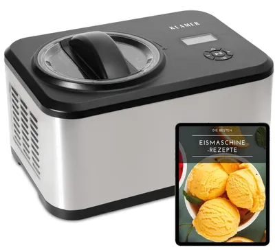 Produktbild von KLAMER Eismaschine 1,5L, 120 W Eiscrememaschine aus Edelstahl mit Kühlfunktion, hausgemachtes Speiseeis mit selbstkühlendem Kompressor