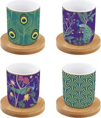 Image de Coffret 4 Tasses Café Paon Design élégant "imperial Peacock" - Easy Life