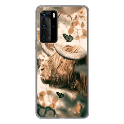 Produktbild von MuchoWow® Handyhülle Schutzhülle Hülle für Huawei P40 Pro Schottische Highlander - Schmetterlinge - Blätter Silikon Softcase Handy Hülle - Schutz