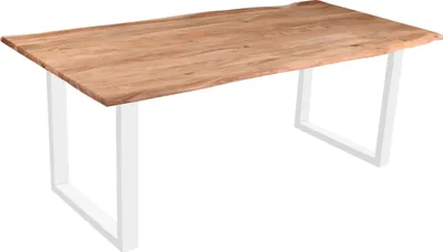 Produktbild von Esszimmertisch 280x100 cm Quinn, echte Baumkante, eichefarben, massiver Esstisch aus Akazienholz, Metallbeine Weiß, Baumkantentisch