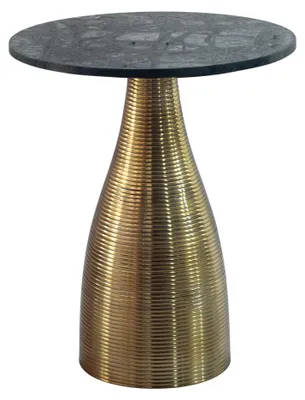 Beistelltisch Rund Ø40 cm aus Marmor Grün mit goldenem Metallgestell, Gesamtansicht von vorne.
