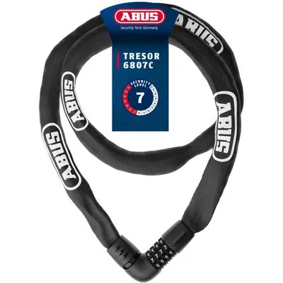 Produktbild von ABUS Kettenschloss Tresor 6807C - Zahlenschloss mit 360°-Bolzen, 7 mm starke Stahlkette, 4-stelliger Zahlencode - Fahrradschloss mit Sicherheitslevel 7 - Länge 140 cm, schwarz