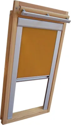 A wooden framed skylight blind with a yellow fabric.