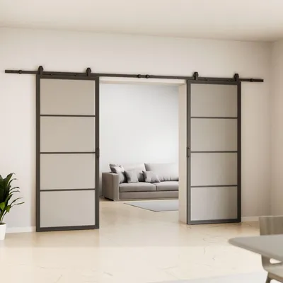 Produktbild von Loftschiebetür 2-flügelig, Stahl schwarz mit Milchglas Einsatz, 2050x2200 mm, Komplettset, offene Laufschiene, Softclose