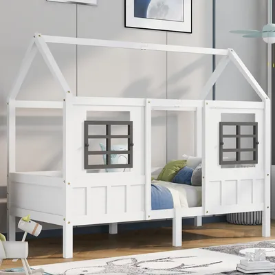 Obrázek produktu pro STILVORA Jednolůžko 200x90 cm se 2 okny, rám z borovice Dětská postýlka Bezpečný design Denní postel Snadná montáž, bez matrace