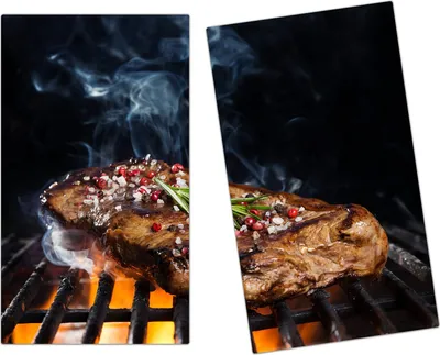 Produktbild von Spritzschutz Herdabdeckplatte Schneidebrett aus Glas Heisser Grill mit Fleisch 2-Teilig (60x52cm)
