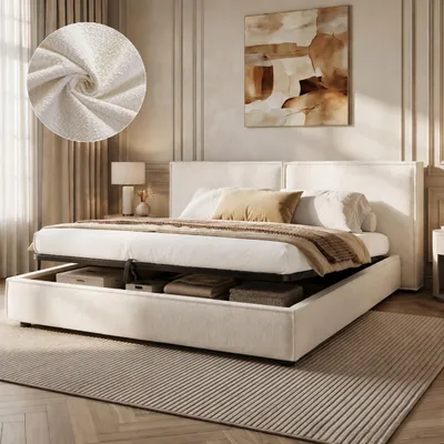 Immagine prodotto di Letto imbottito 180 x 200 cm, Scivolo, Contenitore con apertura idraulica, Testiera imbottita, Rete a doghe, Bouclé, Colore bianco