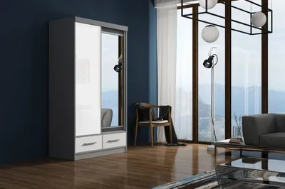 Produktbild von Krudox MIL Kleiderschrank Grau 120x216x62 cm Schiebetürenschrank mit Spiegel Lacobel 2 Schubladen Kleiderstange Schlafzimmer