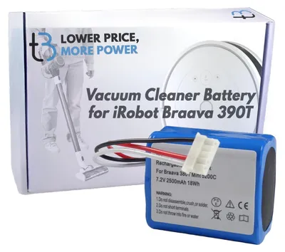 A product box for a vacuum cleaner battery, with the battery itself placed in front of it.