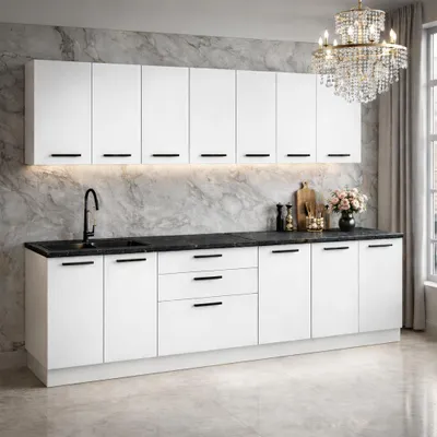 Produktbild von ULWEHOME | Küchenzeile 260 cm Mattweiß, Küchenmöbel-Set mit Arbeitsplatten 2,6 m, Küchenblock, Spülenschrank, Schubladenschrank, Oberschränke