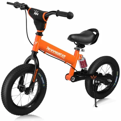 An orange balance bike with black wheels and handlebars, shown against a white background.