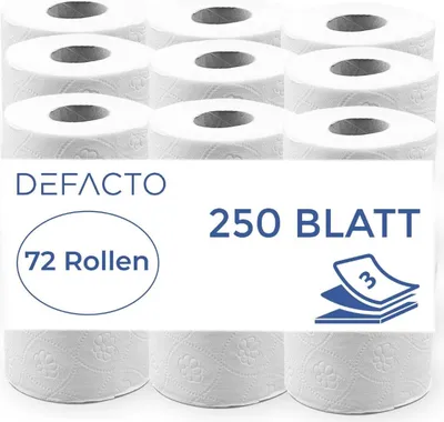 Produktbild von Toilettenpapier 72 x Toilettenpapier Klopapier WC-Papier 3-lagig 250 Blatt Zellstoff