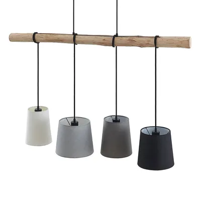 A pendant light fixture with a natural wood beam and four fabric lampshades in different colors.