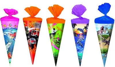 Produktbild von 5x Schultüte / Zuckertüte / Länge: 25cm / rund / 5 verschiedene Motive