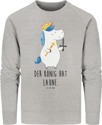 Produktbild von Mr. & Mrs. Panda Baumwoll Sweatshirt Einhorn König mit Schwert Größe XXL - Heather Grey - Geschenk, Pullover, Bio, Mittelalter, Unicorn, Einhörner, Ritter, Sweater, Pulli
